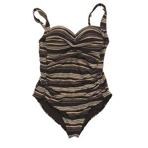 Bond-Eye One Piece Swimsuit Size 10 Womens Black White Brown Gold Stripes Ruched